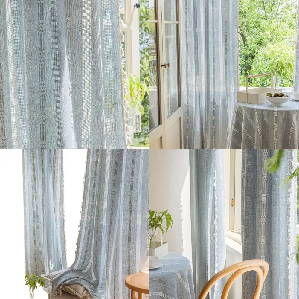 

Blue Grey Semi-Sheer Boho Drapes, 84 Farmhouse Curtains with Tassel and Rod Pocket for Bedroom & Living Room