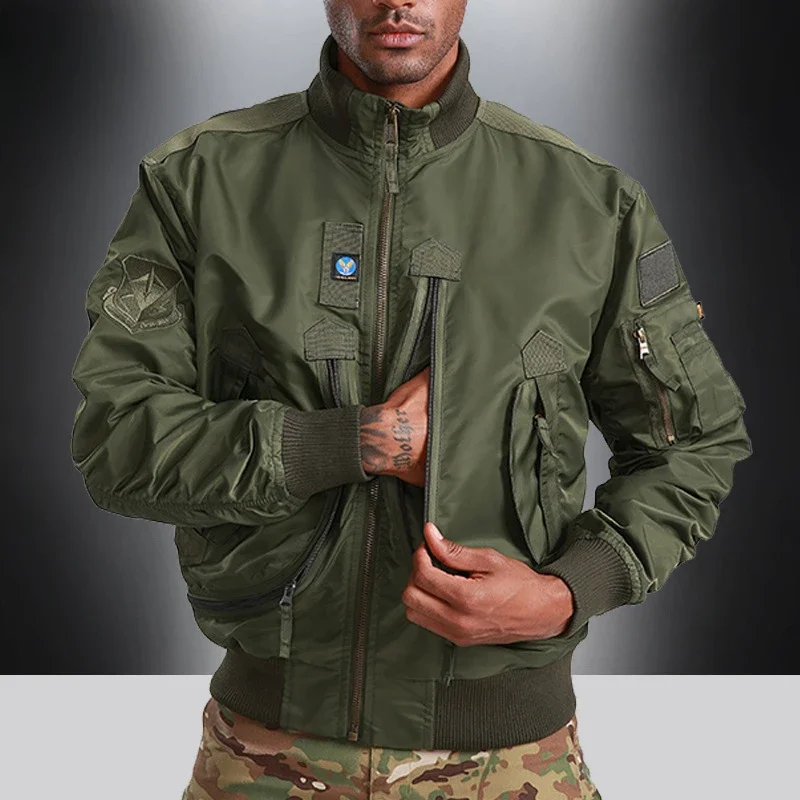 

Men Jackets Spring and Autumn New Solid Color Multi Pocket Loose Large Outdoor Camping Stand up Collar Jackets Men Work jacket