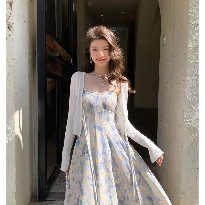

Women' Clothing Floral Suspender Dress French Blue Oil Painting Beach Long Skirt 2023 Summer Fairy Texture High-end A-line Skirt