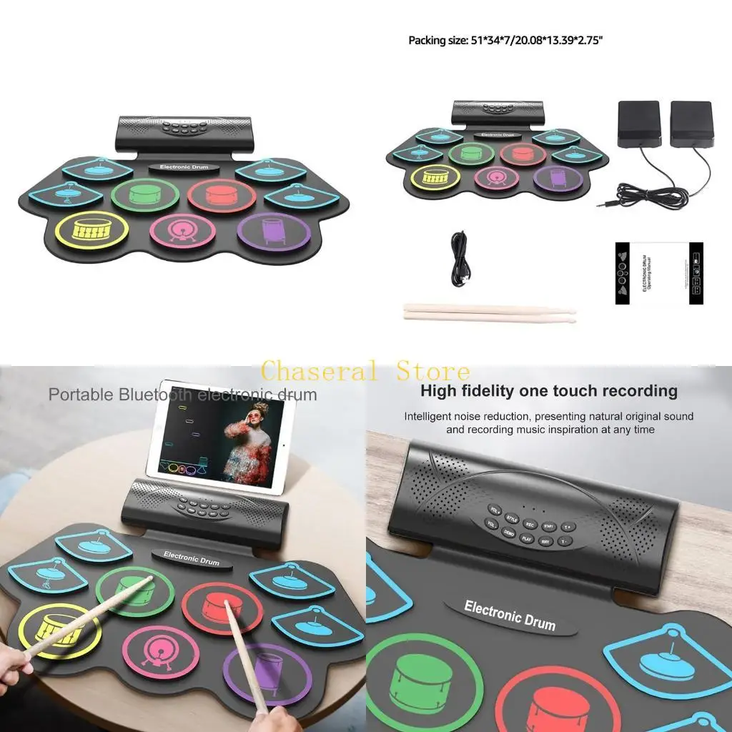 

E7CE 19x12,6 дюйма портативный складной барабан для практики перезаряжаемый встроенный стереодинамики подарок на Рождество и