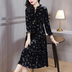 2023 New Silk Velvet V-Neck Dress for Women's Loose Large Flower Print Waist Waist Slim Long Sleeve Knee Long Dress Gown