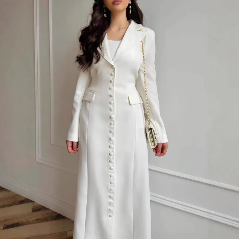 Schickes Einfarbiges Langes Blazer-Maxikleid für Damen mit Revers, Taschen, Spitze am Rücken, Taillengürtel, Schlanker Schnitt, Tägliches Date-Outfit, Herbst, Elegantes Formelles Langes Kleid – Detail 6