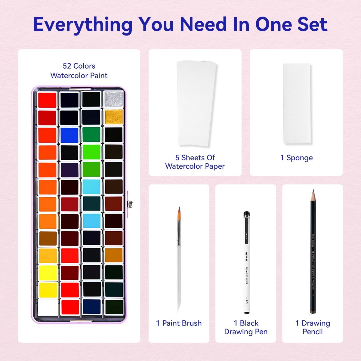 MEILIANG 52 Colors Solid Watercolor Paint Set Professional Travel Watercolor Pigment Art Supplies Suitable for Artist Students