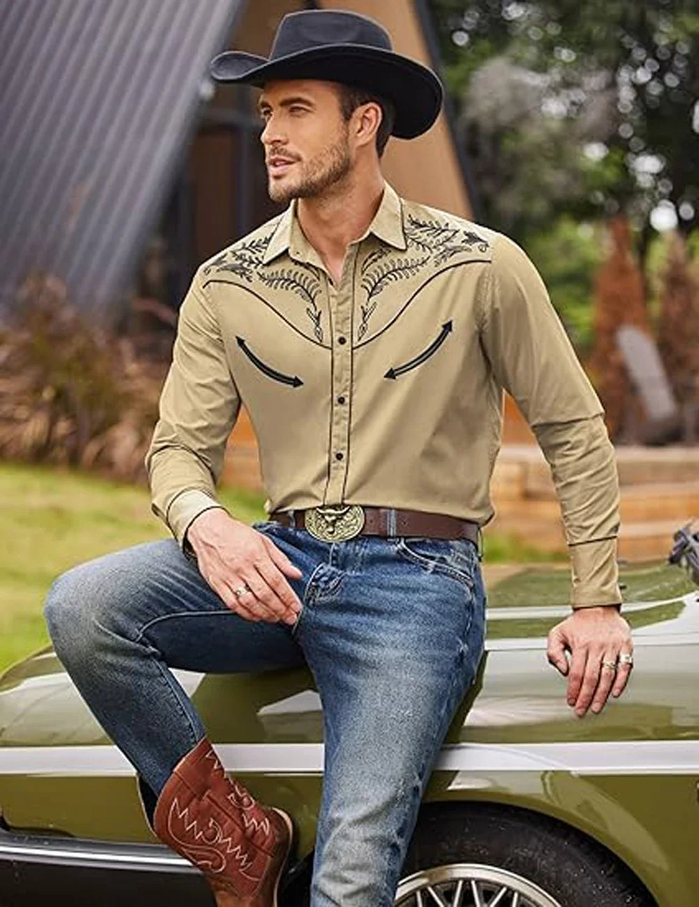 Men's American Retro Long Sleeve Shirt Western Cowboy High-definition Printed White Shirt Hawaiian Vacation Social Mens Clothing