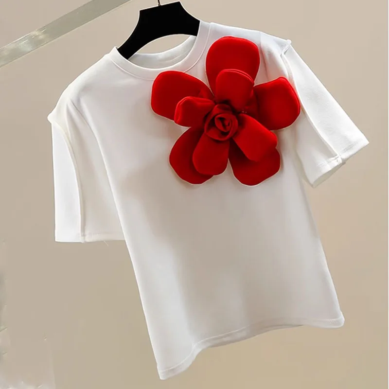 OCEANLOVE 3D Flower T Shirt for Women Contrast Color Vintage Spring Summer Ropa De Mujer Korean Fashion Sweet Camisetas