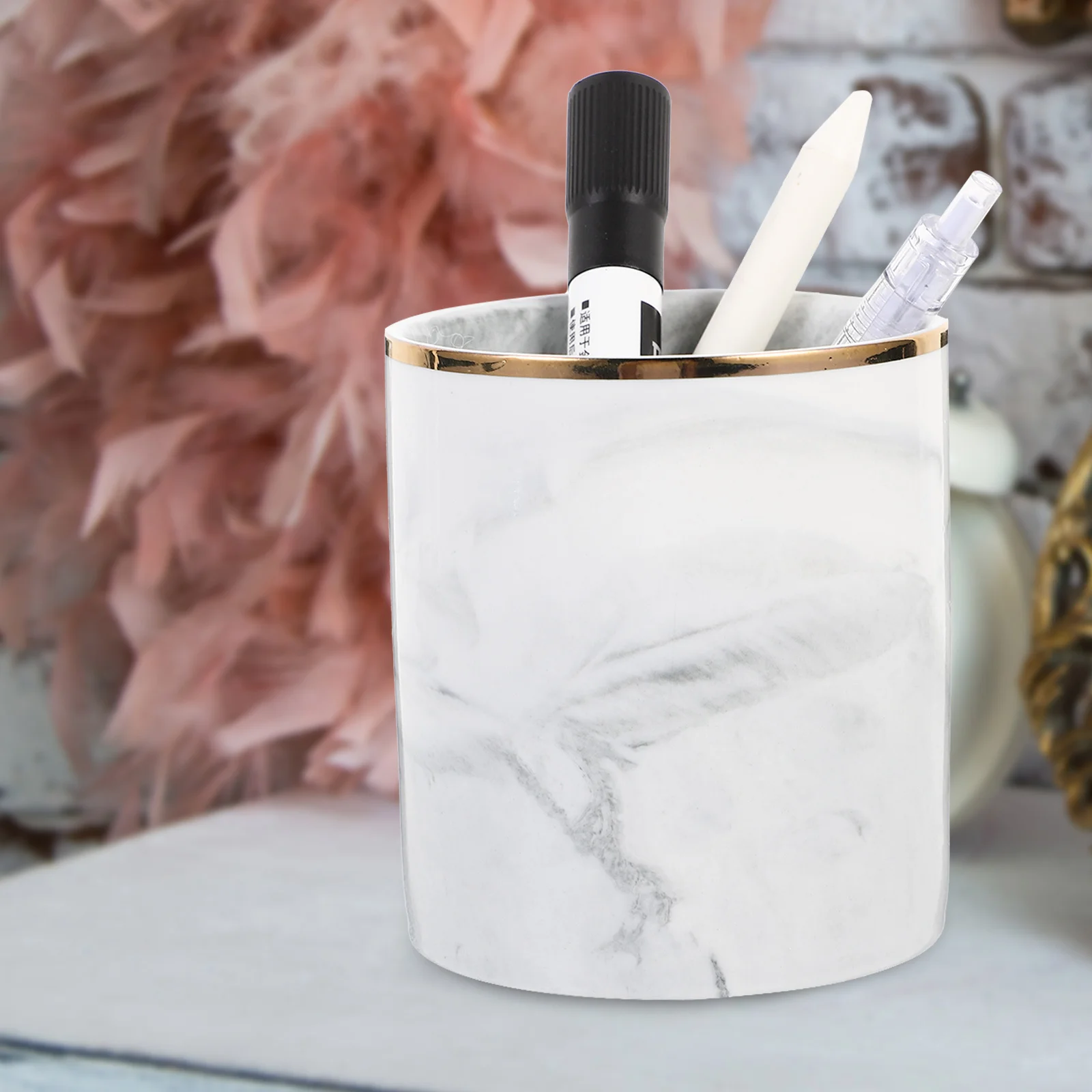 

Marble Pen Holder with Gold Trim Large Capacity Desk Organizer for Pens Pencils Rulers Scissors Makeup Brushes Stationery