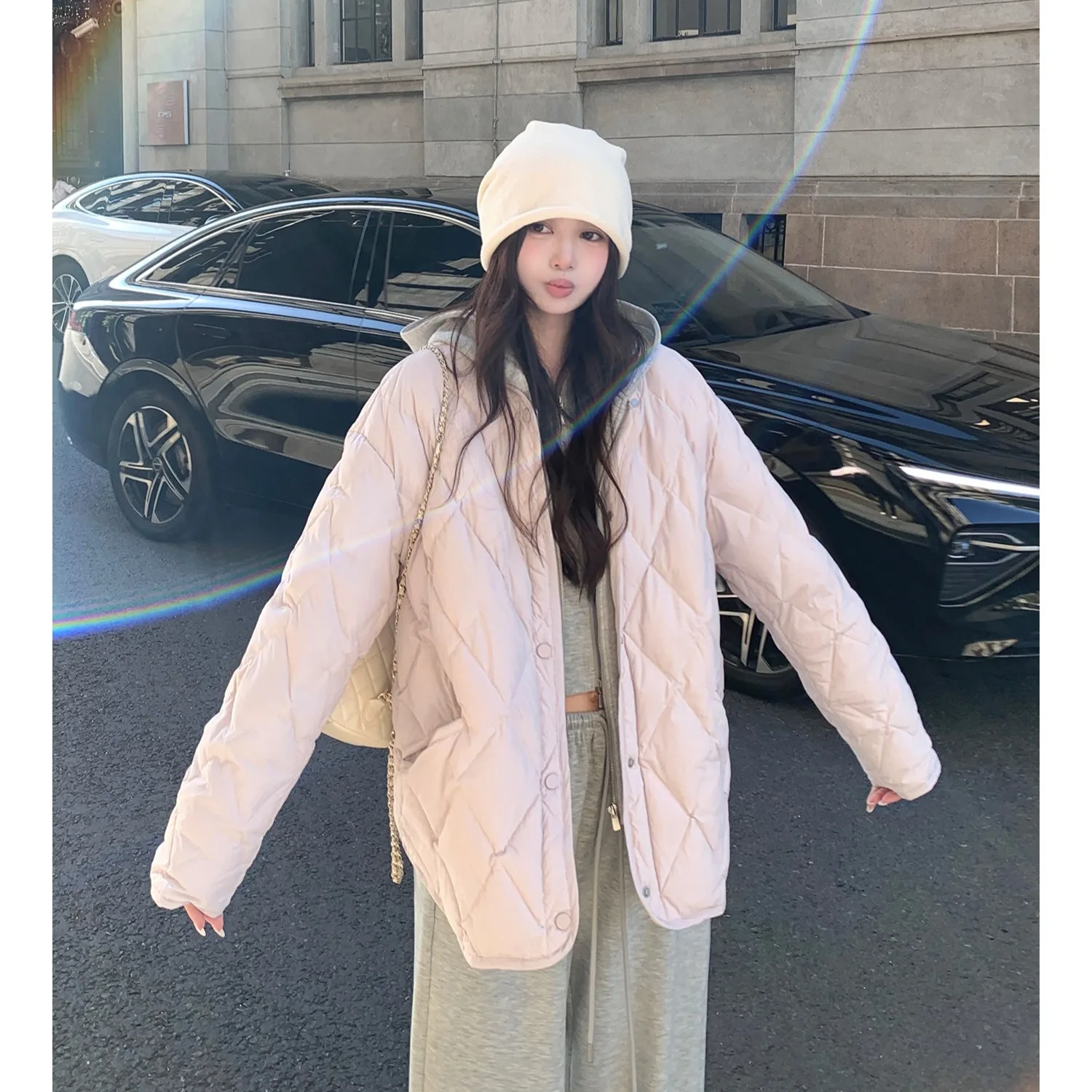 Lightweight Knitted Cotton Jacket for Women with Detachable Hood Diamond Pattern Commute Style Loose Fit Long Sleeve Coat