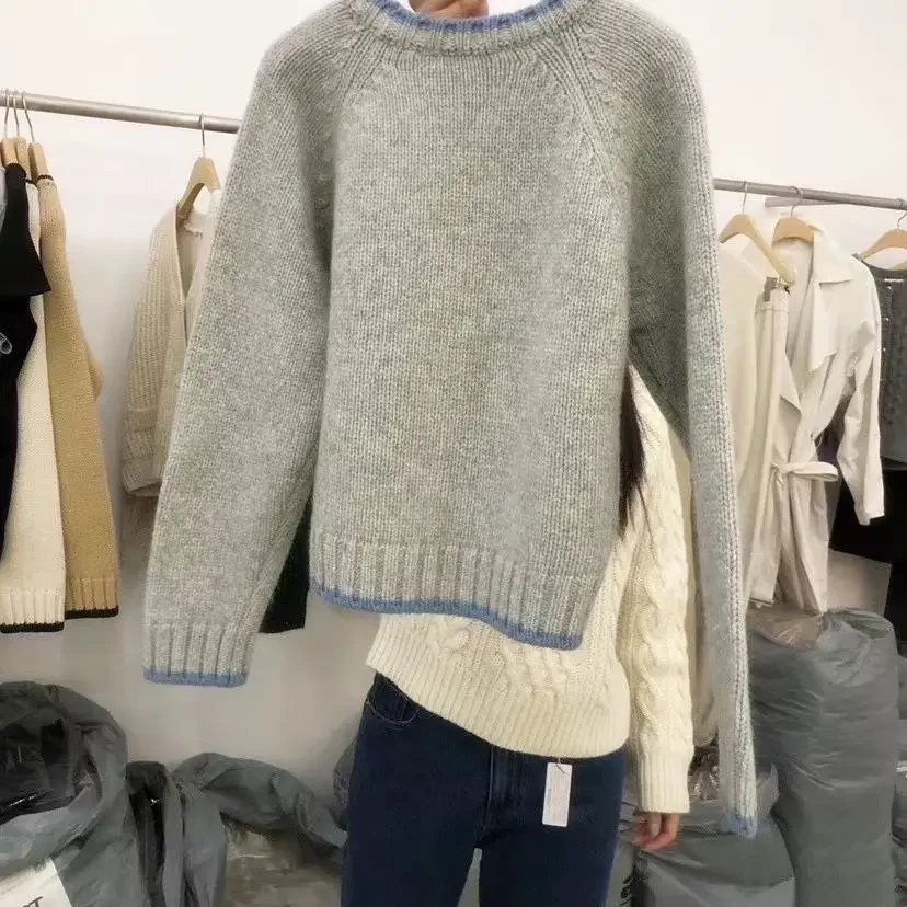 Sweter sweter z wełny damski pulower z okrągłym dekoltem sweter koreański pogrubiony luźny wełniany sweter sweter z wełny jesienno-zimowa dzianinowa