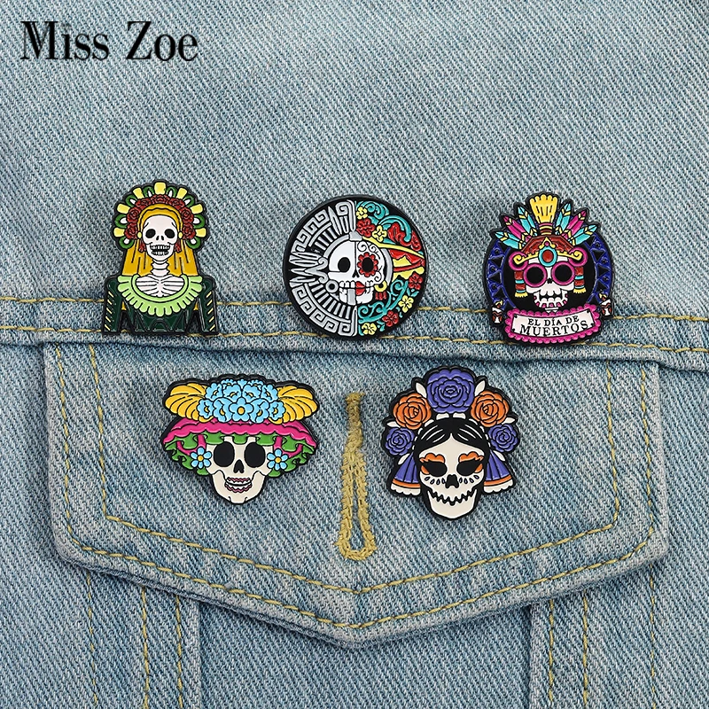 De Los Muertos La Mexikanisches Festival Emaille Pins Benutzerdefinierte Skelett Catrina Broschen Revers Abzeichen Kleidung Gothic Schmuck Geschenk Freunde
