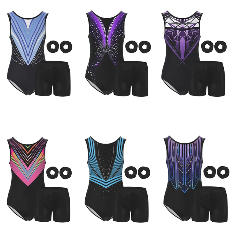 Leotardos de Ballet y gimnasia para niñas, sin mangas con espalda en forma de gota de agua, trajes deportivos con diademas y pantalones cortos