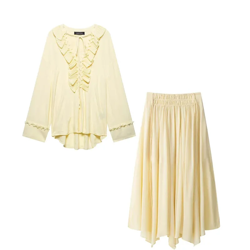 Fashion Women's Yellow Chiffon Shirt And Skirt Set Summer Outfit with Tiered Lace-Up Design Pleated Long Skirt Zipper Closure