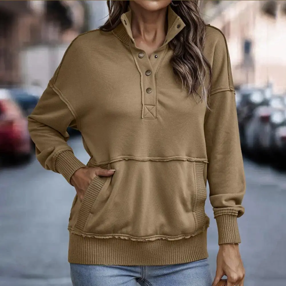 Fall Spring Women Sweatshirt Solid Color Half-open Stand Collar Loose Pullover Top With Big Pocket Elastic Cuff Lady Sweatshirt