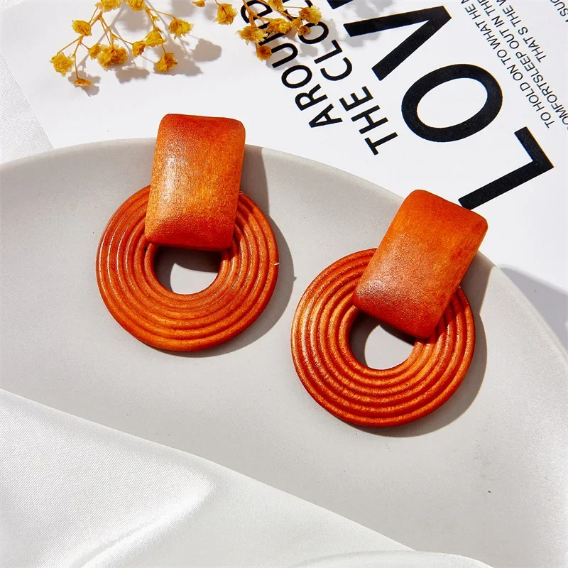 Boho Vintage Geometric Handmade Wooden Rattan Braid Clip on Earrings Without Piercing for Women Wholesale Creative Jewelry 2023