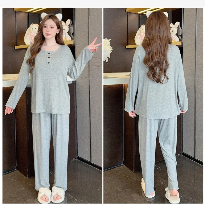 M-5XL Plus Size Modal Cozy Pajamas for Women Chest Pads Spring Loungewear Large Size Long-sleeved Loose Homesuit Outside Wear