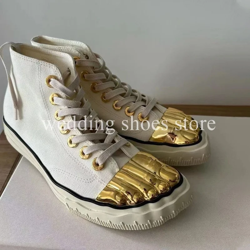 Gold Five-toed White Casual Canvas Shoes for Women Lace-Up High top Shoes Breathable New Style 2024 Flat Lovers Shoes