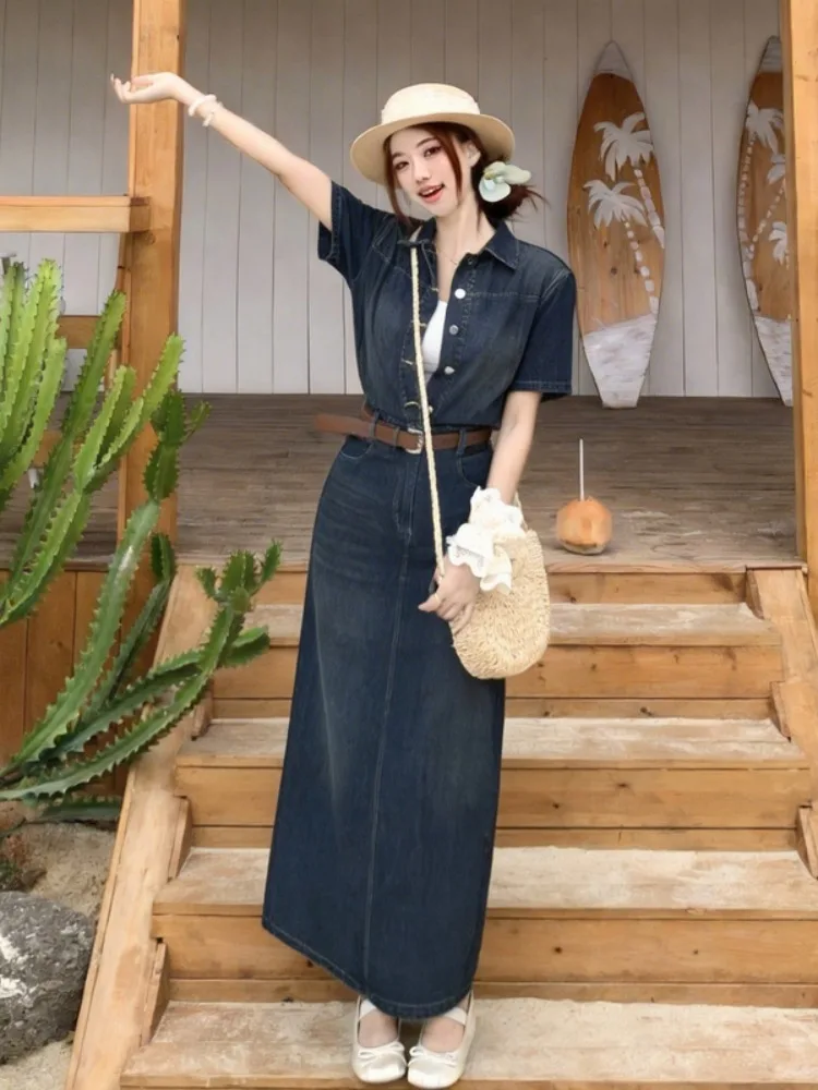 

plus Size Summer New Vintage Collar Denim Dress Slimming A-Line Long Dress Women's Fashionable Breathable Short Sleeve Casual
