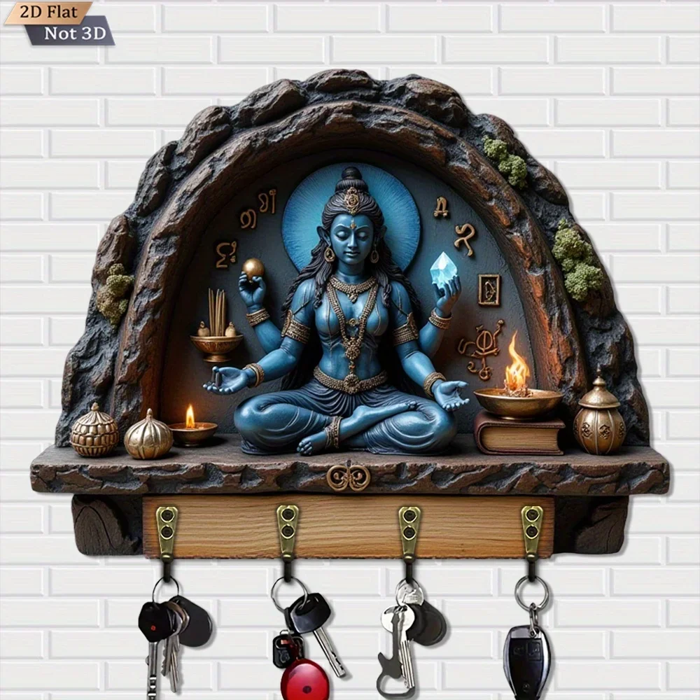 2D Flat, 1pc, -skinned deity shrine key hook, wooden multi-functional home key rack, with four metal hooks, wall decor, porch