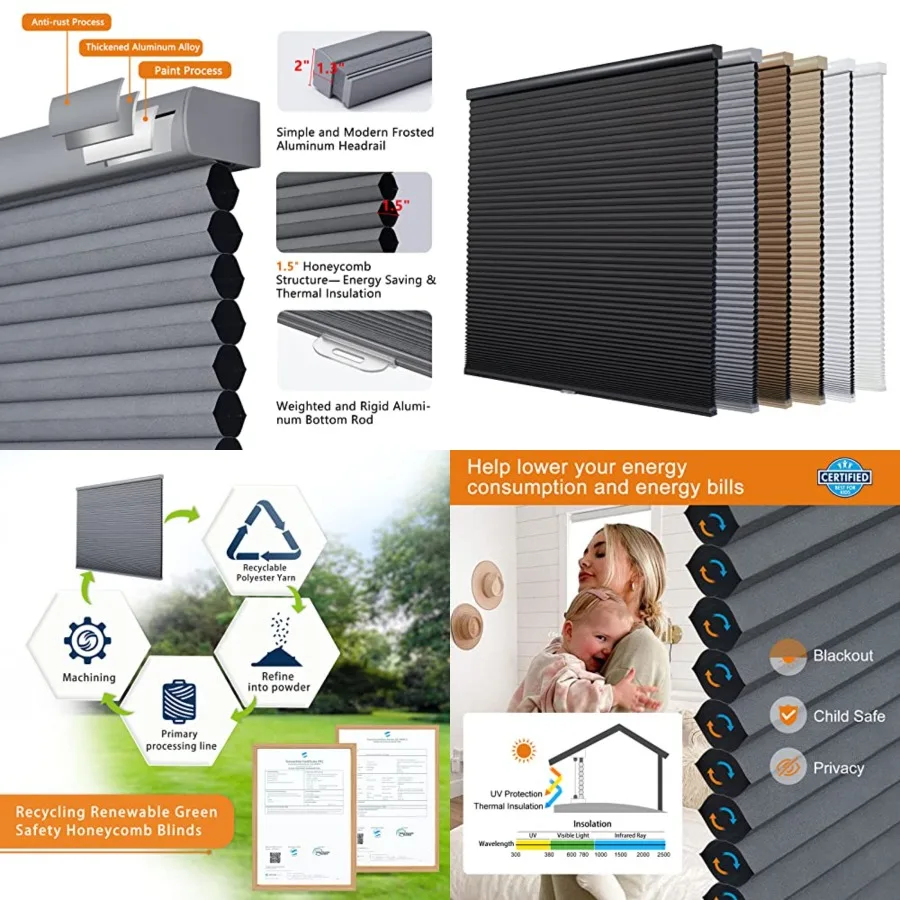 

Custom Blackout Cellular Window Shades for Home, Cordless Window Blinds, Honeycomb Blinds for Windows Grey, 35" W x 64" H Room