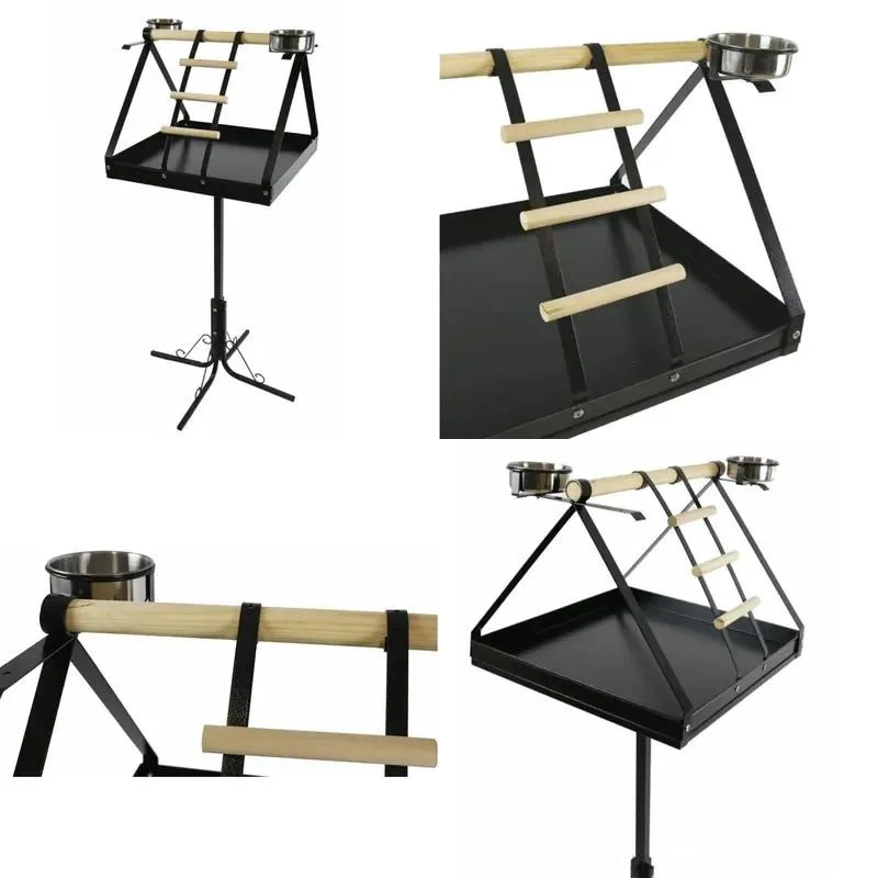 Freestanding Contemporary Black Metal Bird Stand T-Rod Toy Holder Wrought Iron Perch Feeding Bowl Dirt Tray for Parrot