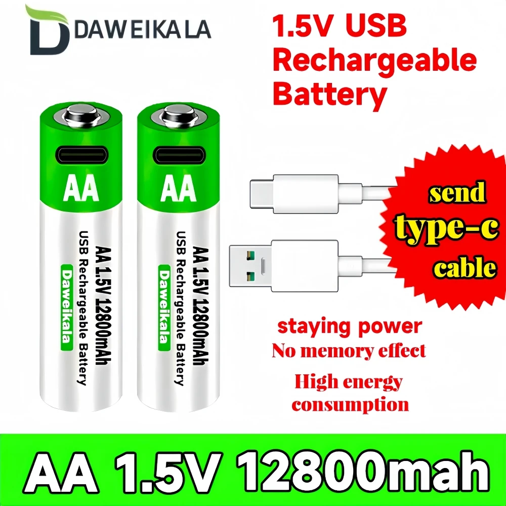 2024 New AA 1.5V 12800mAh USB Li-ion Battery Rechargeable Battery for Remote Control Mouse Electric Toy Battery + Type-C Cable