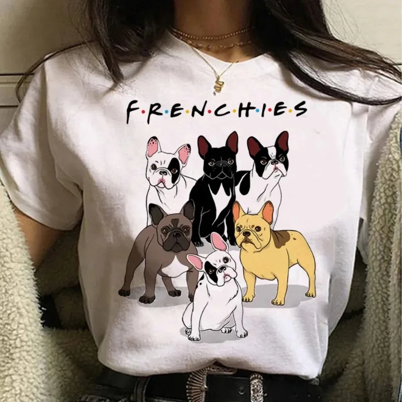 French Bulldog Printed T-shirt Cotton Summer Women\'s T-shirt Top Vintage Cartoon O-Neck Casual Fashion Women\'s Retro T-shirt