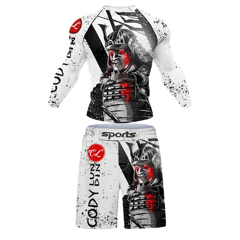 New Men Rashguard MMA T-shirt +Pants MMA Shorts 4PCS/Set Brazilian Grappling Jiu Jitsu Bjj Boxing Jerseys Rash Guard Sportswear