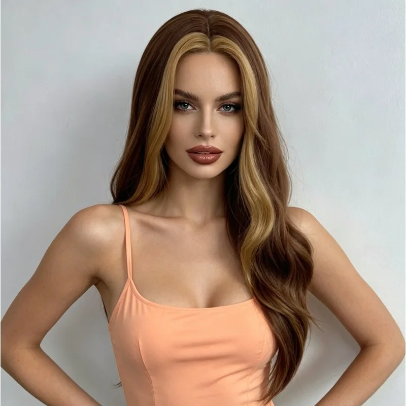 Brown Gradient Medium-Parted Long Curly Hair Women'S Wig Fashionable Outdoor Simulated Matte Silk Head-Mounted Synthetic Wig