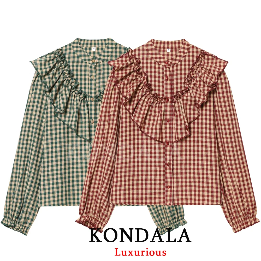 

KONDALA трендовая повседневная шикарная женская блузка в клетку, многоуровневая однобортная блузка с длинными рукавами, новая мода 2026, весенняя праздничная блузка