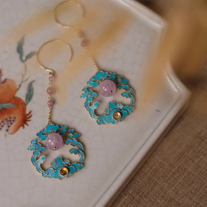 Long style enamel blue auspicious cloud earrings for women  classical round bead pink crystal earrings qipao Hanfu jewelry gift