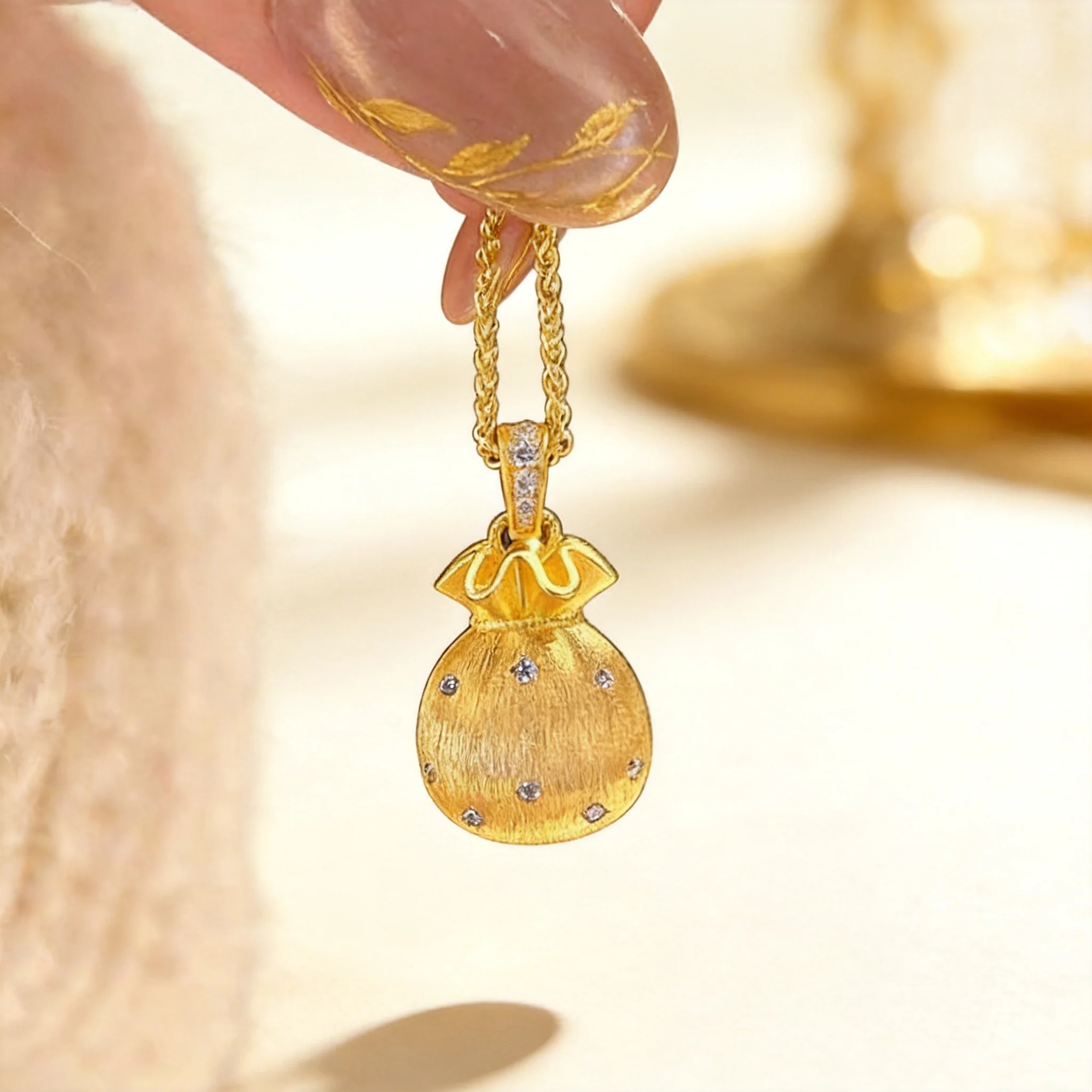 Women's 2026 Chinese Style Brushed Sand Gold Lucky Pouch Pendant Necklace Inlaid Cubic Zirconia For Daily Wear Birthday Gifting