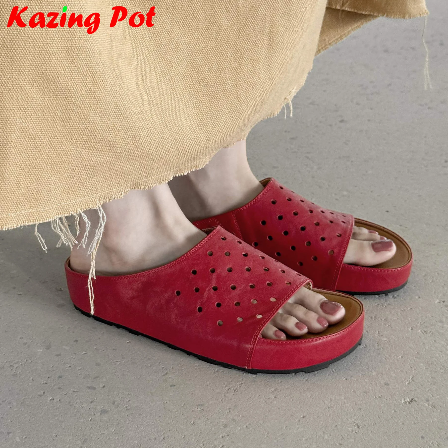 

Krazing Pot Cow Leather Med Heels Peep Toe Luxury Slides Slingback Mules Platform Summer Sandals Hollow Casual Outside Slippers