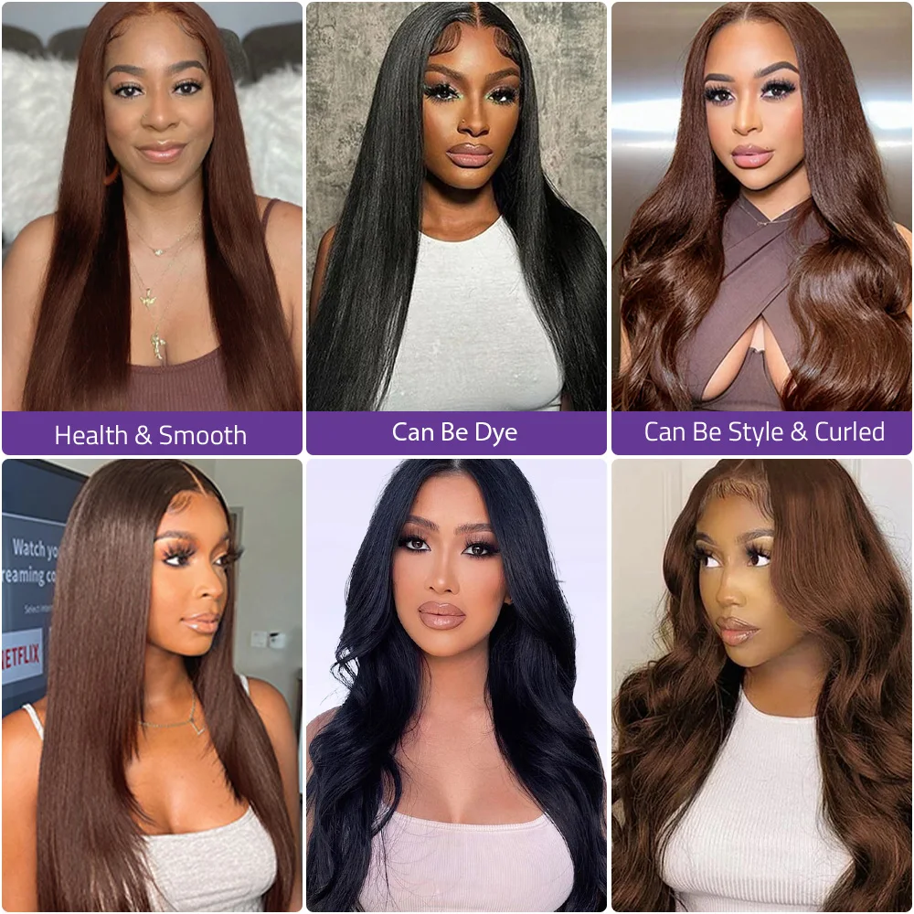 # 초콜릿 브라운 스트레이트 100% 인모 레이스 프론트 가발 26인치 36인치 13x6 HD 레이스 프론탈 인모 가발 200% 밀도 여성용 4개