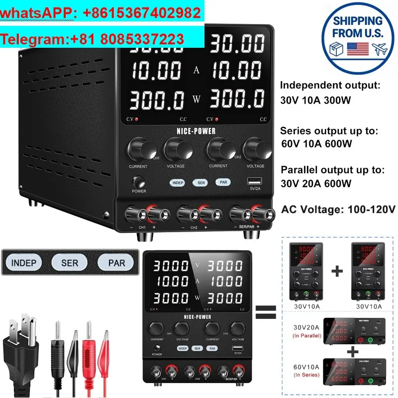 Dual Output Lab Power Supply Adjustable 0-60V 0-10A 0-240V 0-3A, 4-in-1 DC/AC, USB Output, Variable Switching Power Unit