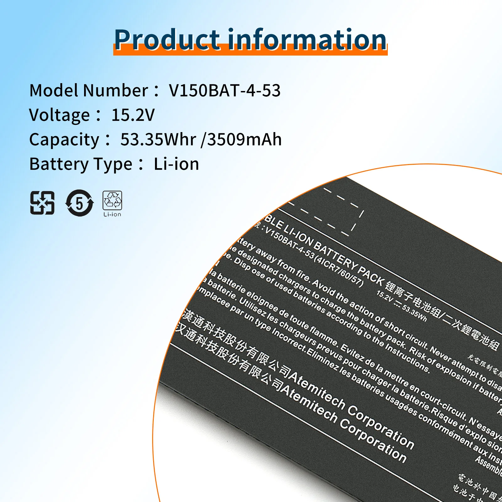 Bateria do portátil BVBH para CLEVO, V150BAT-3-41, 11.55V, 3465mAh, 41Wh, V150BAT-4-53, 15.4V, 3510mAh, 53.35Wh, V150PNJ, V150PNK, V155PN