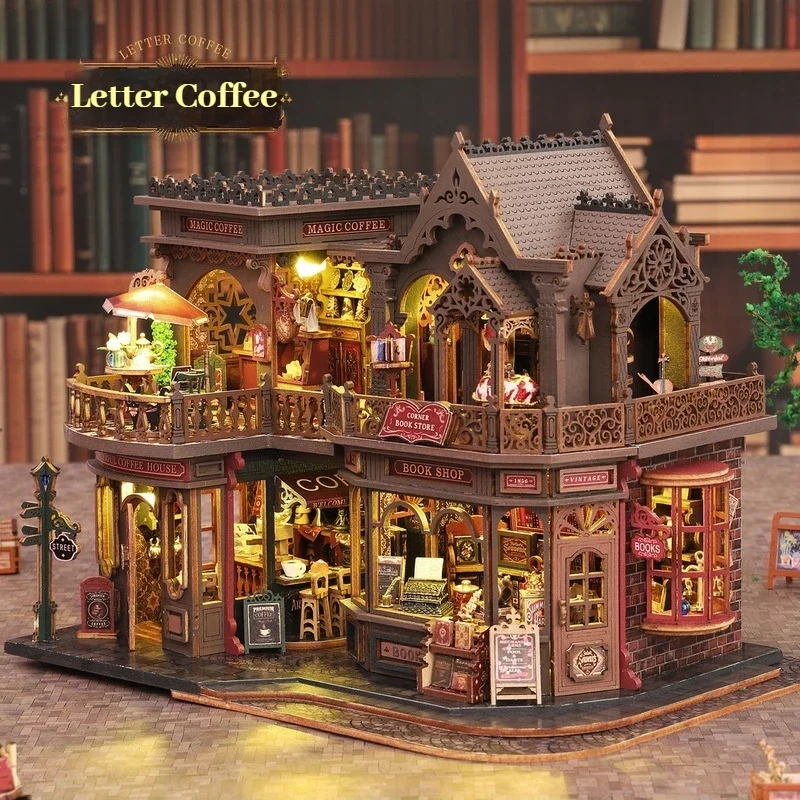 Wooden Cabin Cafe DIY Miniature Coffee House Model Handcrafted Assembly Book Stand Decoration Children Toy Kid Birthday Gifts