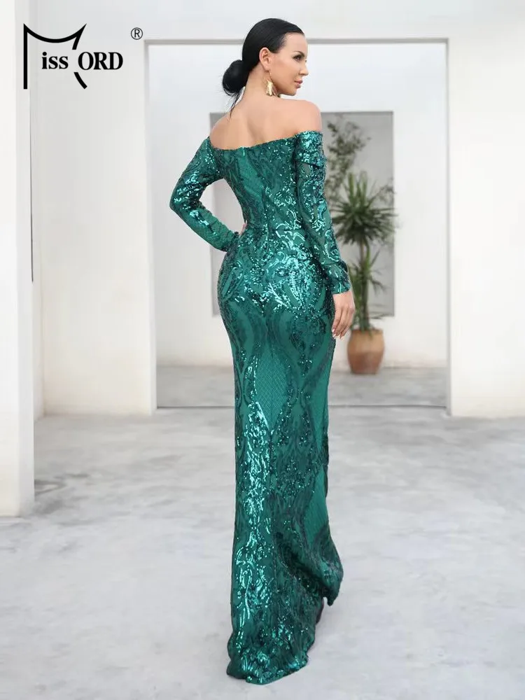 Missord Elegant Green Sequins Evening Dresses Women Off Shoulder Long Sleeve Bodycon Prom Party Dresses Formal Occasion Gown