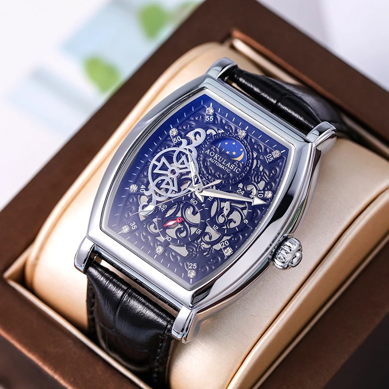 

Men's Tonneau Automatic Mechanical Watch Luminous Hollow Second Hand 30M Waterproof Genuine Leather Strap 40MM Large Dial Watch
