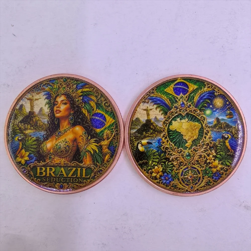 1oz .999 Copper Round Brazil Seduction Coin Rio Carnival Girl Christ Statue Macaw Toucan Amazon Art Retro Colorized Collectible