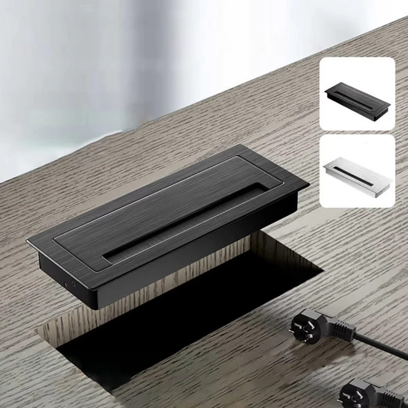 1Pcs Aluminum Alloy PC Desk Rectangle Wire Cable Grommet Office Table Hole Cover Outlet Port with Black/Silvery Brush Square
