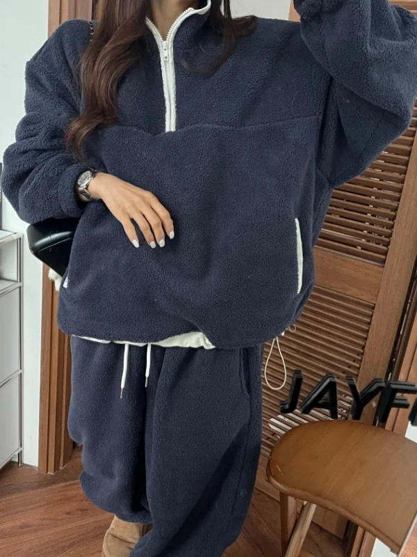 Korean Sle Warm Fluffy Loose Waist Sweatirt Women's Outerwear Elastic Waist Sweatpants Two-Piece Set Faionable Versatile