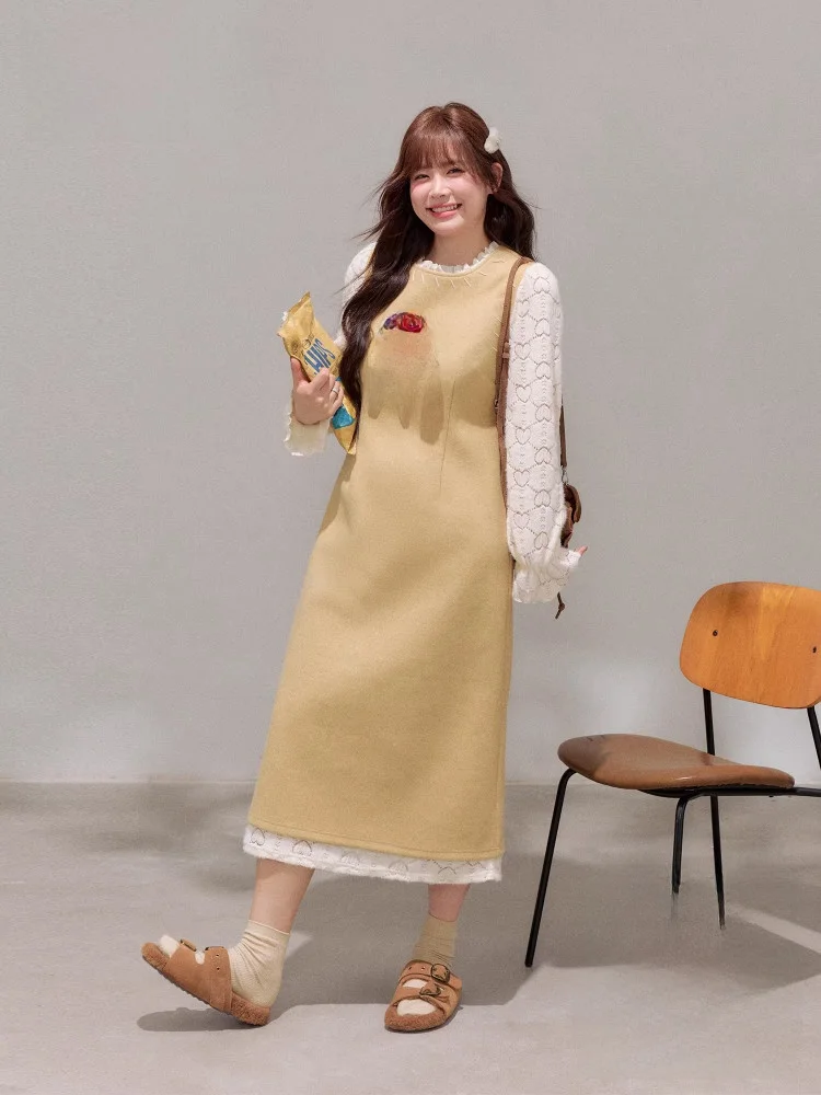 

Женский комбинезон больших размеров Dr Sweet с высокой талией, А-образной юбкой, длинными рукавами, кружевными вставками и пэчворком, желтый, Sweet Sensation