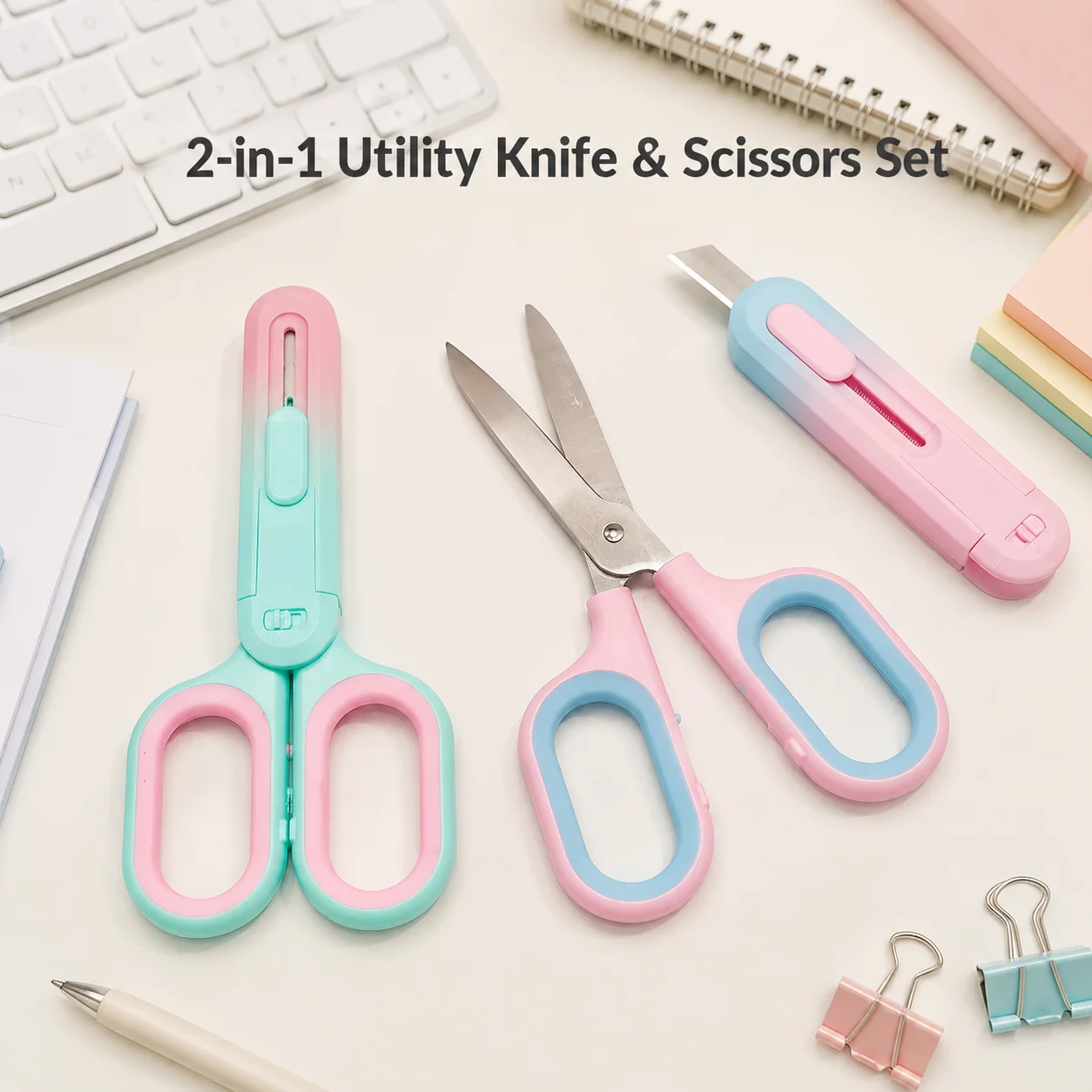 2 in 1 Utility Knife Scissors Set Retractable Box Cutter Paper Cutting Tool for Office Home DIY Craft