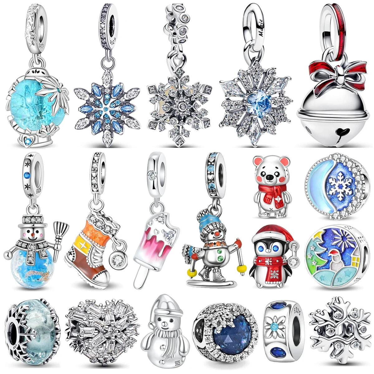 

925 Sterling Silver Shiny Snowflake Gem Charms Pendant Bells Penguin Polar Bear Snowman Beads Bracelets Parts Necklaces Jewelry