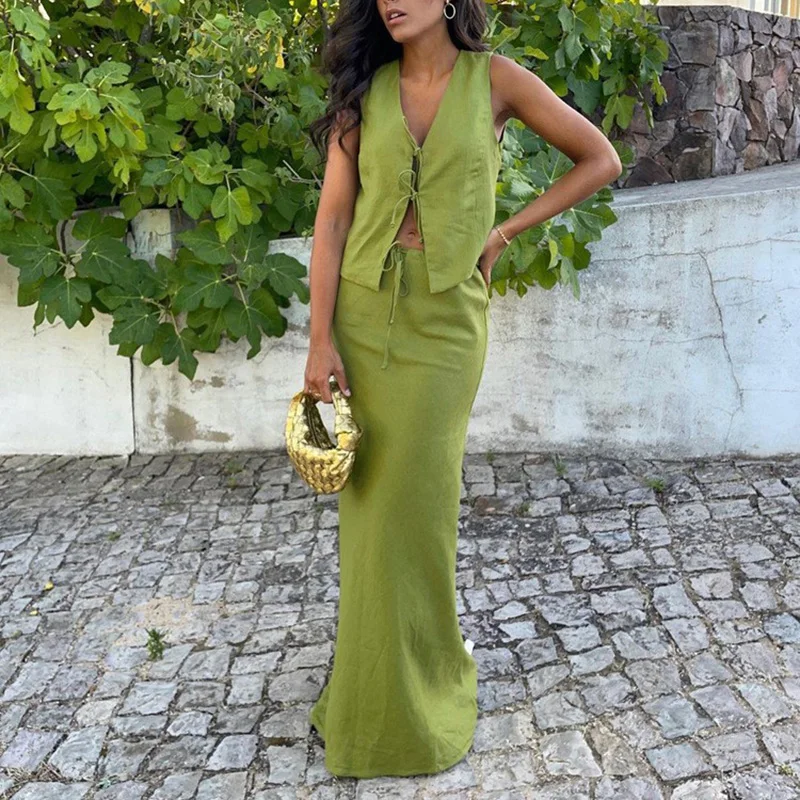 

Sexy Sleeveless Lace Up Vest Half Skirts Suit Fashion Solid Color Tops Skirts Women Outfit Sexy Slim Half Skirts 2pc Set Harjuku