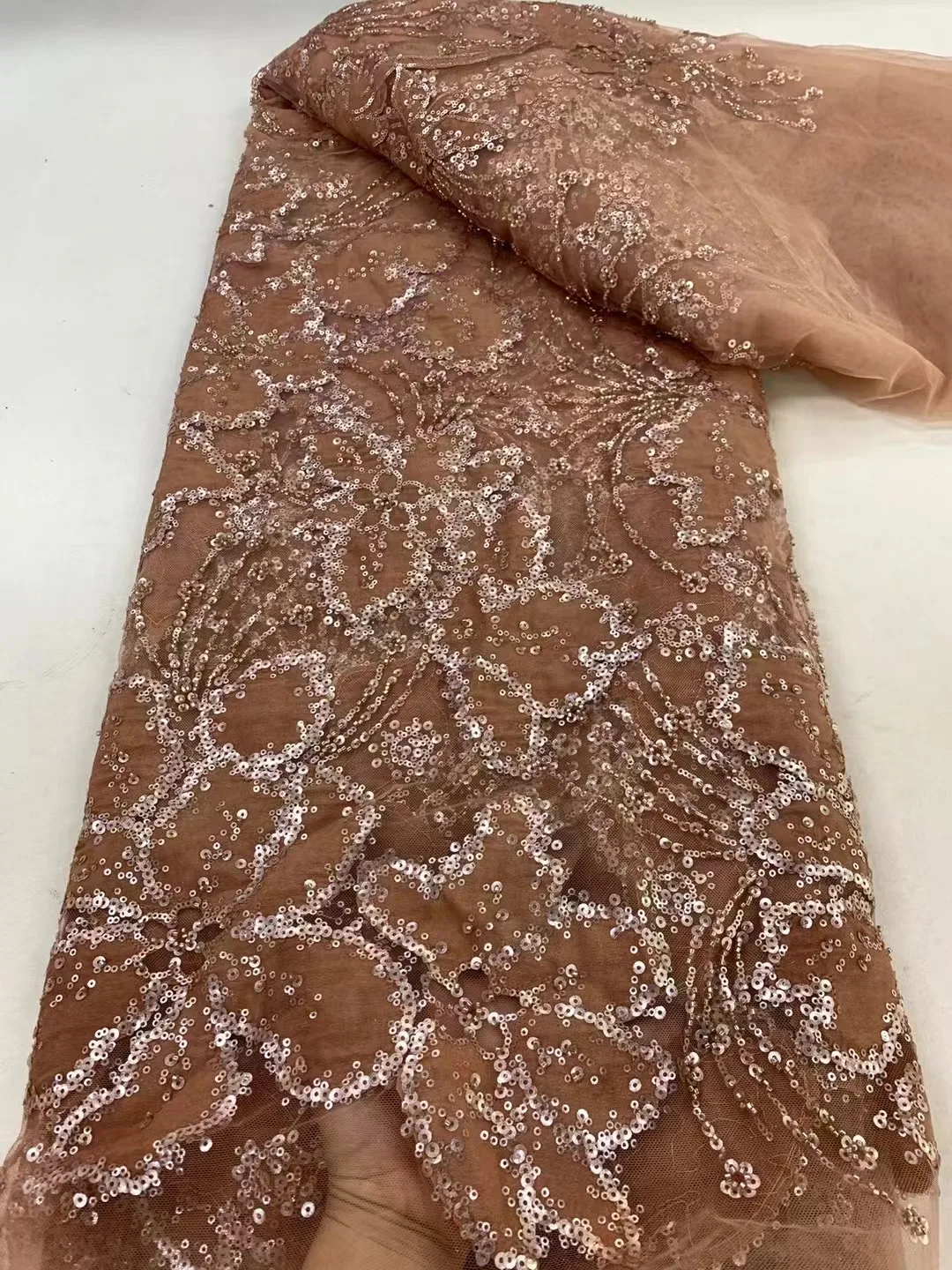 Brown  Sequin Beaded Embroidery Lace Fabric Elegant French Net Lace Fabric With Beads Nigerian Sequins Lace Fabrics