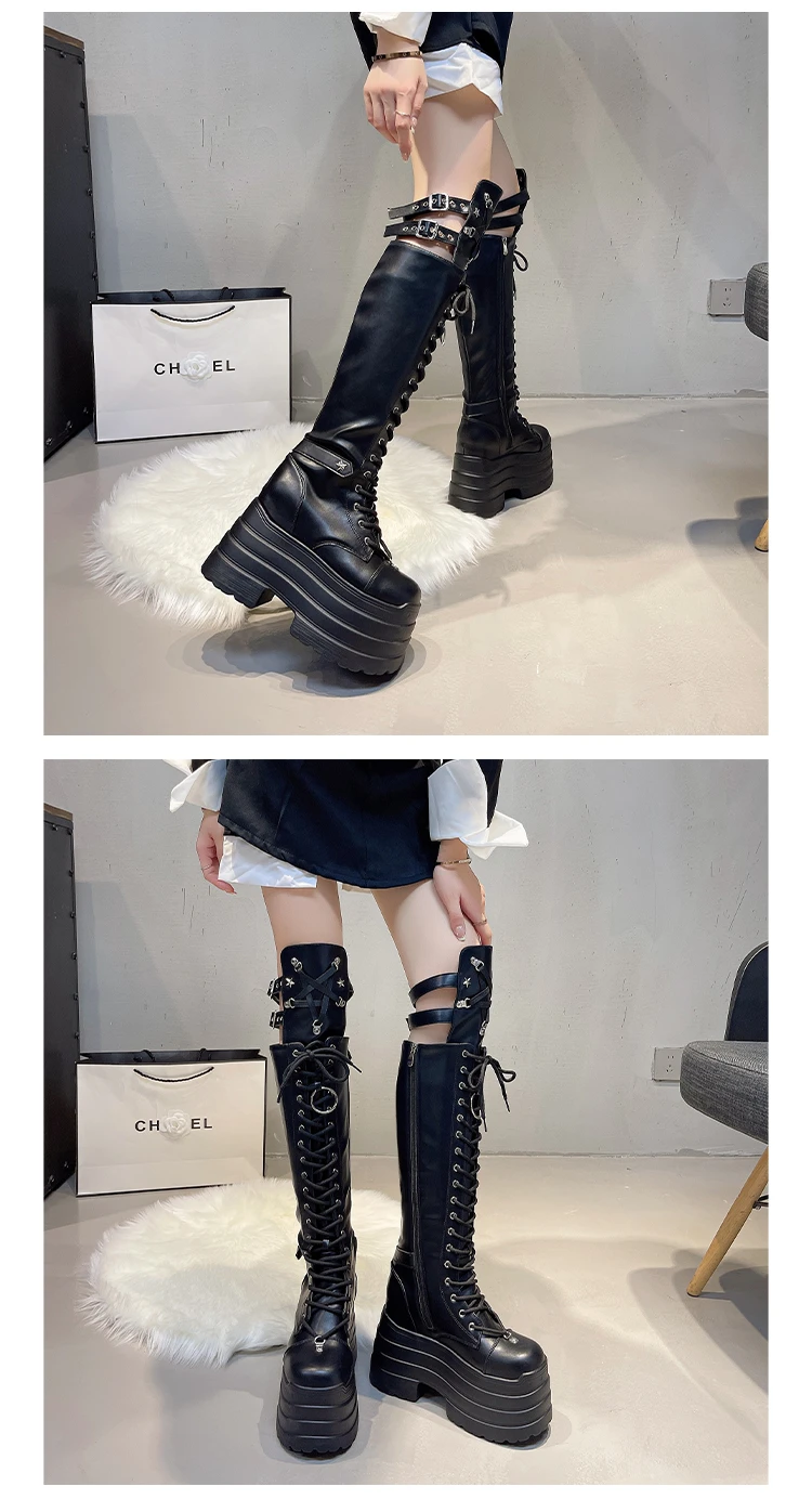 Punk Damenstiefel Cosplay Hohe Stiefel Komfortable Lange Overknee-Stiefel Plateau Hohe Keilabsätze Damenschuhe im Gothic-Stil – Detail 9