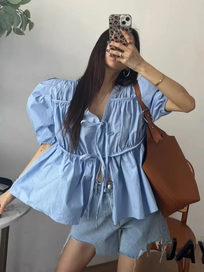 

Women's Bubble Sleeve Shirt V-Neck Loose Lazy Style Slimming Pleated Sweet Versatile Cardigan Top Trendy Commute Style Cotton