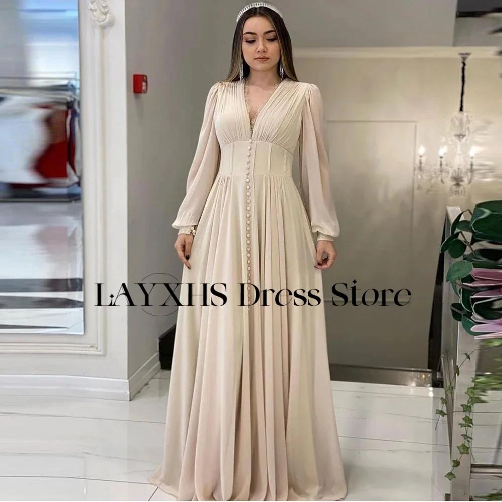 LAYXHS Einfache Abendkleider mit V-Ausschnitt, A-Linie, lange Ärmel, Knopfleiste, bodenlang, Ballkleider, individuelle Vestidos de Fiesta