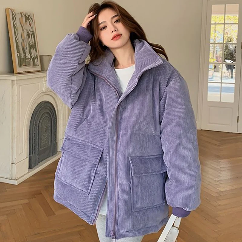 

Winter Women Loose Corduroy Down Cotton Jacket Korean Elegant Fashion Simplicity Thicken Bread Coat 2023 Lady Casual Warm Parkas