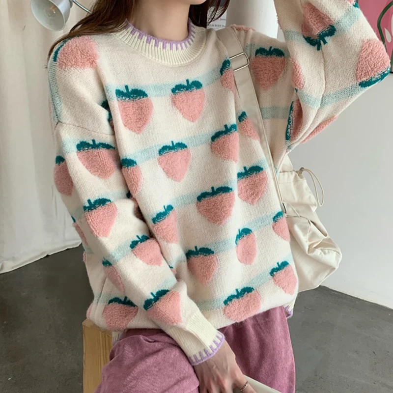 

Jacquard Color Blocked Knitted Sweater Autumn/Winter Women O-Neck Long Sleeved Strawberry Peach Pullover Top Casual Sweater